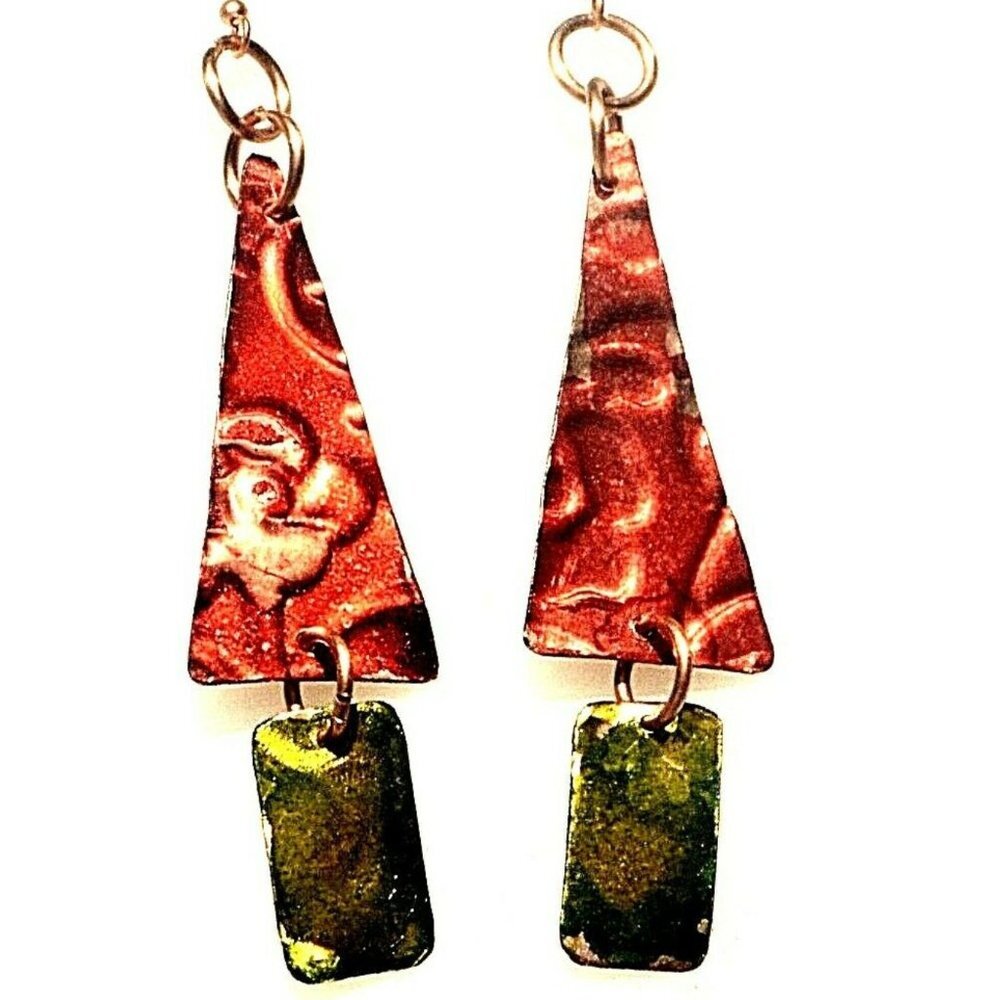 Embossed Pure Solid Copper Red Chartreuse Earrings Drop Christmas Tree Painted